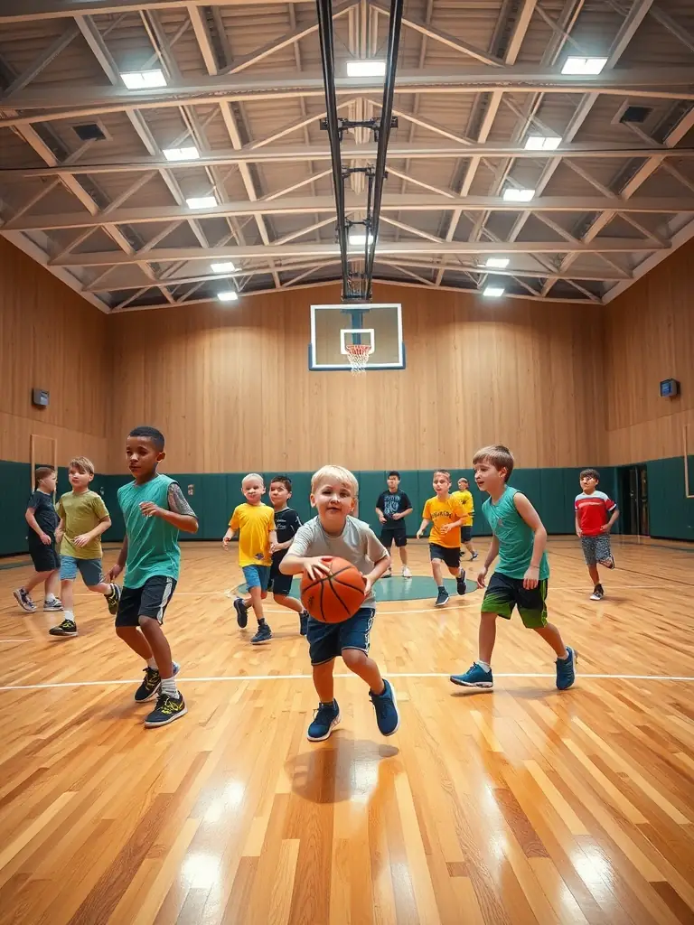 A vibrant indoor gymnasium filled with children and adults playing basketball, showcasing active participation in the club's sports programs.