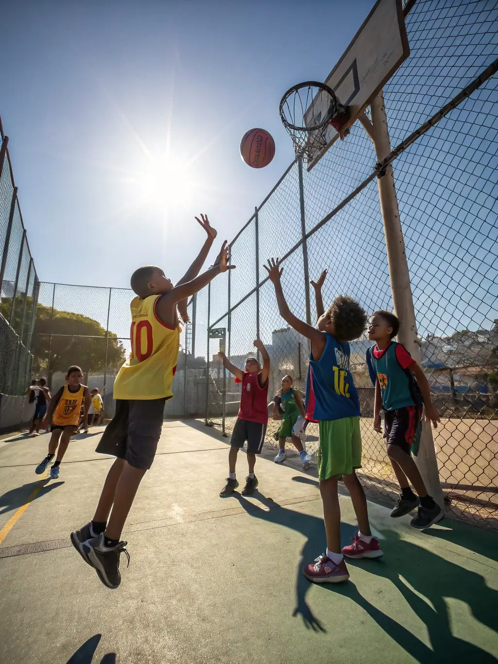 A vibrant image of children participating in a basketball game at CLUB OMNISPORT BELLEGARDE, showcasing teamwork and active engagement.