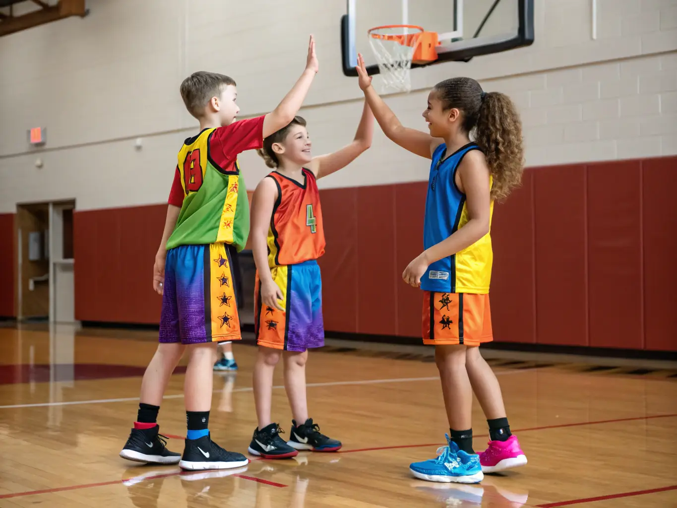 A vibrant image of children playing basketball indoors, showcasing teamwork and active participation in a youth sports program at CLUB OMNISPORT BELLEGARDE.