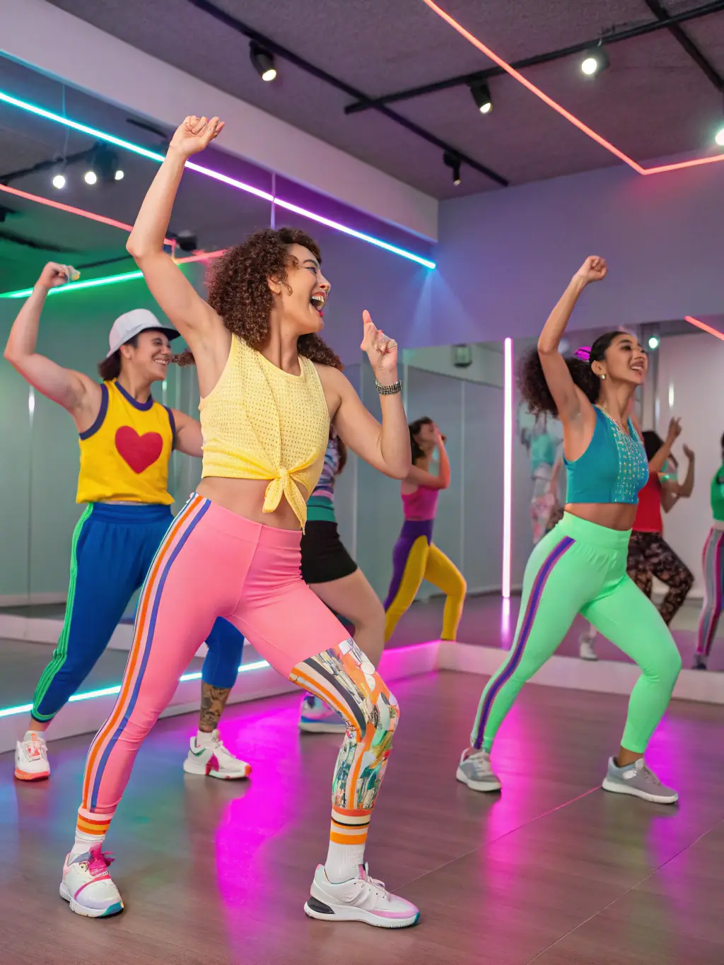 A group of people participating in a fitness class in a well-equipped indoor space, promoting active living and social cohesion.